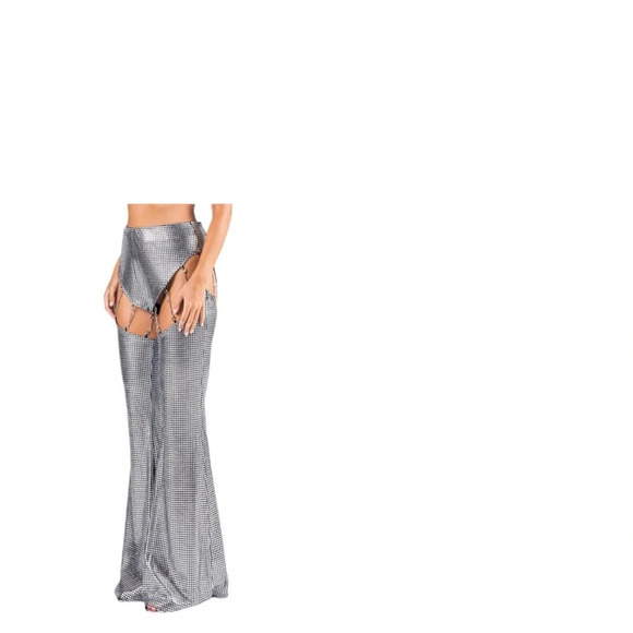Finesse Sadie Cut-Out Metallic Silver Flare Pants Disco Chains Sz M Burning Man - Picture 4 of 13